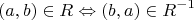 $$
(a,b) \in R \Leftrightarrow (b,a) \in R^{ - 1} 
$$