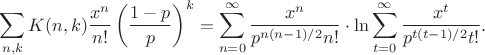 $$\sum_{n,k} K(n,k) \frac{x^n}{n!} \left(\frac{1-p}{p}\right)^k = \sum_{n=0}^{\infty} \frac{x^n}{p^{n(n-1)/2} n!}\cdot \ln \sum_{t=0}^{\infty} \frac{x^t}{p^{t(t-1)/2} t!}.$$