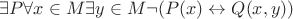 $\exists P \forall x \in M \exists y \in M \neg (P(x) \leftrightarrow Q(x,y))$ $\exists P \forall x \in M \exists y \in M \neg (P(x) \leftrightarrow Q(x,y))$