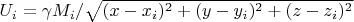 $U_{i}=\gamma M_{i}/\sqrt{(x-x_{i})^2+(y-y_{i})^2+(z-z_{i})^2}$