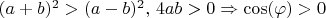 $(a+b)^2>(a-b)^2,\,4ab>0\Rightarrow \cos(\varphi)>0$