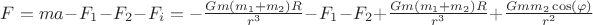 $F = m a - F_1 - F_2 - F_i = -\frac{G m (m_1 + m_2) R}{r^3} - F_1 - F_2 + \frac{G m (m_1 + m_2) R}{r^3} + \frac{G m m_2 \cos(\varphi)}{r^2}$ $F = m a - F_1 - F_2 - F_i = -\frac{G m (m_1 + m_2) R}{r^3} - F_1 - F_2 + \frac{G m (m_1 + m_2) R}{r^3} + \frac{G m m_2 \cos(\varphi)}{r^2}$