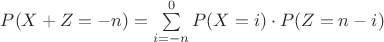 $P(X+Z=-n)=\sum\limits_{i=-n}^{0} P(X=i)\cdot P(Z=n-i)$