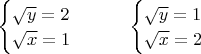 $
\begin{cases}
\sqrt{y}=2\\
\sqrt{x}=1
\end{cases}
\qquad
\begin{cases}
\sqrt{y}=1\\
\sqrt{x}=2
\end{cases}$