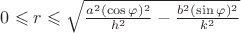 $0\leqslant r \leqslant \sqrt{\frac{a^{2}(\cos\varphi)^{2}}{h^{2}}-\frac{b^{2}(\sin\varphi)^{2}}{k^{2}}}$