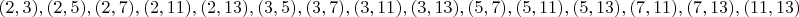 $(2,3),(2,5),(2,7),(2,11),(2,13),(3,5),(3,7),(3,11),(3,13),(5,7),(5,11),(5,13),(7,11),(7,13),(11,13)$