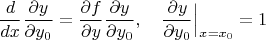$$\frac{d}{dx}\frac{\partial y}{\partial y_0}=\frac{\partial f}{\partial y}\frac{\partial y}{\partial y_0},\quad \frac{\partial y}{\partial y_0}\Big|_{x=x_0}=1$$