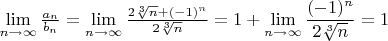 $\lim\limits_{n\to\infty}\frac{a_n}{b_n}=\lim\limits_{n\to \infty}\frac{2\sqrt[3]{n} + (-1)^n}{{2\sqrt[3]{n}}}=1+\lim\limits_{n\to \infty}\dfrac{(-1)^n}{2\sqrt[3]{n}}}=1$