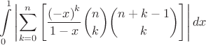$\displaystyle\int\limits_0^1\left|\sum\limits_{k=0}^n\left[\frac{\left(-x\right)^k}{1-x}\binom{n}{k}\binom{n+k-1}{k}\right]\right|dx$