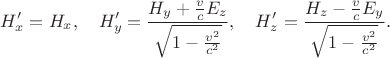 $$H'_x=H_x,\quad H'_y=\frac{H_y+\frac vcE_z}{\sqrt{1-\frac{v^2}{c^2}}},\quad H'_z=\frac{H_z-\frac vcE_y}{\sqrt{1-\frac{v^2}{c^2}}}.$$