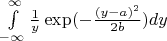 $
\int\limits_{-\infty}^\infty\frac{1}{y}\exp(-\frac{(y-a)^2}{2b})dy
$