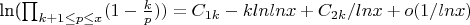 ln(\prod_{k+1 \leq p\leq x}(1-\frac {k} {p}) )=C_{1k}-klnlnx+C_{2k}/lnx+o(1/lnx)