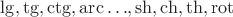 $\lg,\tg,\ctg,\operatorname{arc\ldots},\sh,\ch,\th,\operatorname{rot}$