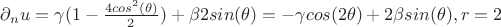 $\partial_n u=\gamma(1-\frac{4cos^2(\theta)}{2})+\beta 2sin(\theta)=-\gamma cos(2\theta)+2\beta sin(\theta), r=2$