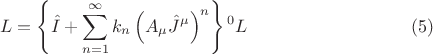 $$ L=\left \{ \hat{I}+\sum \limits_{n=1}^{\infty} k_n \left (  A_{\mu} \hat{J}^{\mu} \right )^n \right \} {{}^0 L} \eqno{(5)}$$