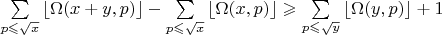 $\sum\limits_{p\leqslant \sqrt{x}} \left\lfloor \Omega(x+y,p)\right\rfloor- \sum\limits_{p\leqslant \sqrt{x}} \left\lfloor \Omega(x,p)\right\rfloor   \geqslant \sum\limits_{p\leqslant \sqrt{y}} \left\lfloor\Omega(y,p)\right\rfloor +1$
