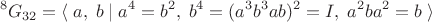$${}^8G_{32}=\langle\;a,\;b\;|\;a^4=b^2,\;b^4=(a^3b^3ab)^2=I,\;a^2ba^2=b\;\rangle$$