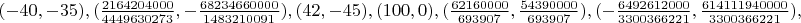 $(-40, -35),(\frac{2164204000}{4449630273}, -\frac{68234660000}{1483210091}),(42, -45),(100, 0),(\frac{62160000}{693907}, \frac{54390000}{693907}),(-\frac{6492612000}{3300366221}, \frac{614111940000}{3300366221}),(-\frac{3108000}{18049}, \frac{3330000}{18049}),(-105, 0)$