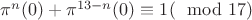$\pi^n(0)+\pi^{13-n}(0) \equiv 1 (\mod 17)$