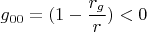 $$g_{00}=(1-\frac {r_g}{r})<0$$