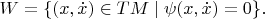 $$W=\{(x,\dot x)\in TM\mid \psi(x,\dot x)=0\}.$$