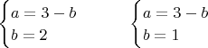 $
\begin{cases}
a=3-b\\
b=2
\end{cases}
\qquad
\begin{cases}
a=3-b\\
b=1
\end{cases}$