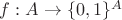 $f:A \to \{0, 1\}^A$