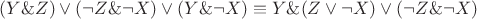 $\[(Y\& Z) \vee (\neg Z\& \neg X) \vee (Y\& \neg X) \equiv Y\& (Z \vee \neg X) \vee (\neg Z\& \neg X)\]$