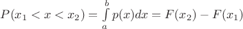 $P(x_1<x<x_2) = \int\limits _a^b p(x)dx = F(x_2) - F(x_1)$