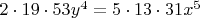 $2 \cdot 19 \cdot 53 y^4=5 \cdot 13 \cdot 31 x^5$