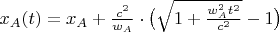 $x_A(t)=x_A+\frac{c^2}{w_A}\cdot\big(\sqrt{1+\frac{w_A^2t^2}{c^2}}-1\big)$