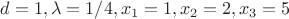 $d = 1, \lambda = 1/4, x_1 = 1, x_2 = 2, x_3 = 5$