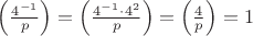 $\left( \frac{4^{-1}}{p} \right)=\left( \frac{4^{-1}\cdot 4^2}{p} \right)=\left( \frac{4}{p} \right)=1$