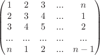 $$\begin{pmatrix}
1 & 2 & 3 & ... & n \\ 
2 & 3 & 4 & ... & 1\\ 
3 & 4 & 5 & ... & 2\\ 
... & ... & ... & ... & ...\\ 
n & 1 & 2 & ... & n - 1
\end{pmatrix}$$