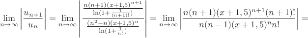 $$\lim\limits_{n\to\infty}\left\lvert\frac{u_{n+1}}{u_n}\right\rvert=\lim\limits_{n\to\infty}\left\lvert\frac{\frac{n(n+1)(x+1,5)^{n+1}}{\ln(1+\frac{1}{(n+1)!})}}{\frac{(n^2-n)(x+1,5)^n}{\ln(1+\frac{1}{n!})}}\right\rvert=\lim\limits_{n\to\infty}\left\lvert\frac{n(n+1)(x+1,5)^{n+1}(n+1)!}{n(n-1)(x+1,5)^nn!}\right\rvert=$$