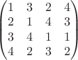 $\begin{pmatrix} 1 & 3 & 2 & 4 \\ 2 & 1 & 4 & 3 \\ 3 & 4 & 1 & 1 \\ 4 & 2 & 3 & 2\end{pmatrix} \qquad$