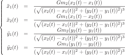 $$\left\{
\begin{array}{rcl}
\ddot x_1(t) &=& \dfrac {G m_2 (x_2 (t) - x_1 (t))} {(\sqrt {(x_2 (t) - x_1 (t))^2 + (y_2 (t) - y_1 (t))^2})^3} \\
\ddot x_2(t) &=& \dfrac {G m_1 (x_1 (t) - x_2 (t))} {(\sqrt {(x_2 (t) - x_1 (t))^2 + (y_2 (t) - y_1 (t))^2})^3} \\
\ddot y_1(t) &=& \dfrac {G m_2 (y_2 (t) - y_1 (t))} {(\sqrt {(x_2 (t) - x_1 (t))^2 + (y_2 (t) - y_1 (t))^2})^3} \\
\ddot y_2(t) &=& \dfrac {G m_1 (y_1 (t) - y_2 (t))} {(\sqrt {(x_2 (t) - x_1 (t))^2 + (y_2 (t) - y_1 (t))^2})^3} \\
\end{array}
\right.$$