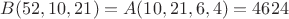 $B(52, 10, 21) = A(10, 21, 6, 4)= 4624$