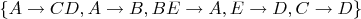 $\{A \rightarrow CD,A \rightarrow B,BE \rightarrow A,E \rightarrow D,C \rightarrow D\}$