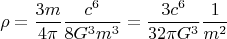 $$\rho=\frac{3m}{4\pi}\frac{c^6}{8G^3m^3}=\frac{3c^6}{32\pi G^3}\frac{1}{m^2}$$
