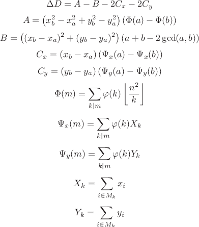 $$\Delta D=A-B-2C_x-2C_y$$ $$A=\left(x^2_b-x^2_a+y^2_b-y^2_a\right)\left(\Phi(a)-\Phi(b)\right)$$ $$B=\left((x_b-x_a)^2+(y_b-y_a)^2\right)(a+b-2\gcd(a,b))$$ $$C_x=(x_b-x_a)\left(\Psi_x(a)-\Psi_x(b)\right)$$ $$C_y=(y_b-y_a)\left(\Psi_y(a)-\Psi_y(b)\right)$$ $$\Phi(m)=\sum\limits_{k\mid m}\varphi(k)\left\lfloor\frac{n^2}k\right\rfloor$$ $$\Psi_x(m)=\sum\limits_{k\mid m}\varphi(k)X_k$$ $$\Psi_y(m)=\sum\limits_{k\mid m}\varphi(k)Y_k$$  $$X_k=\sum\limits_{i\in M_k}x_i$$  $$Y_k=\sum\limits_{i\in M_k}y_i$$