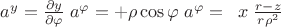$a^y=\frac{\partial y}{\partial\varphi}\;a^\varphi=+\rho\cos\varphi\;a^\varphi=\;\;x\;\frac{r-z}{r\rho^2}$