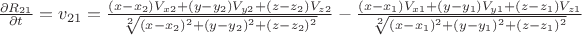 $ \frac{\partial R_{21}}{\partial t} = v_{21} = \frac{(x-x_2)V_{x2} + (y-y_2)V_{y2} + (z-z_2)V_{z2}}{\sqrt[2]{(x-x_2)^2 + (y-y_2)^2 + (z-z_2)^2}} - \frac{(x-x_1)V_{x1} + (y-y_1)V_{y1} + (z-z_1)V_{z1}}{\sqrt[2]{(x-x_1)^2 + (y-y_1)^2 + (z-z_1)^2}} $