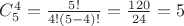 $\[C_5^4 = \frac{{5!}}{{4!(5 - 4)!}} = \frac{{120}}{{24}} = 5\]$