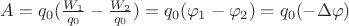$A=q_0 (\frac{W_1}{q_0} - \frac{W_2}{q_0})= q_0(\varphi_1 - \varphi_2) = q_0 (- \Delta \varphi) $