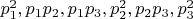 $p_1^2, p_1p_2, p_1p_3, p_2^2, p_2p_3, p_3^2$