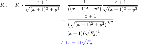 $$\begin{align*}F_{ax}=F_a \cdot \dfrac{x+1}{\sqrt{(x+1)^2+y^2}} & = \dfrac{1}{\big((x+1)^2+y^2\big)} \dfrac{x+1}{\sqrt{(x+1)^2+y^2}} = \\
  &=\dfrac{x+1}{\big(\sqrt{(x+1)^2+y^2}\big)^{3/2}} \\
& =(x+1)(\sqrt{F_a})^3 \\
& \textcolor{blue}{\ne (x+1)\sqrt{F_a}}\end{align*}$$