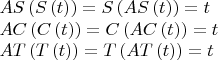$$
\[
\begin{array}{l}
 AS\left( {S\left( t \right)} \right) = S\left( {AS\left( t \right)} \right) = t \\ 
 AC\left( {C\left( t \right)} \right) = C\left( {AC\left( t \right)} \right) = t \\ 
 AT\left( {T\left( t \right)} \right) = T\left( {AT\left( t \right)} \right) = t \\ 
 \end{array}
\]
$