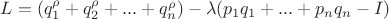 $L=(q_1^\rho+q_2^\rho+...+q_n^\rho)-\lambda (p_1 q_1 +...+ p_n q_n - I)$