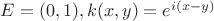 $E = (0,1), k(x,y)=e^{i(x-y)}$